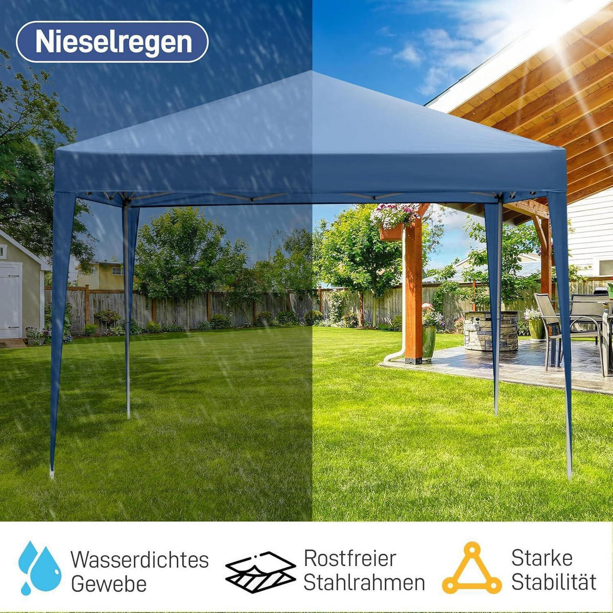 FALTPAVILLON 3x3m Pop-up Stahlrahmen Blau UV-Schutz 50+ - Blau, Textil (300/268/300cm)