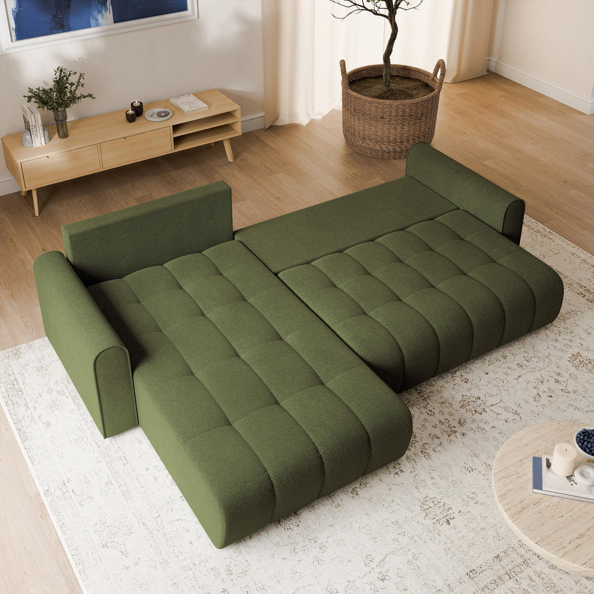 ECKSOFA FRIGA Olivgrün Strukturstoff mit Schlaffunktion - Olivgrün, Holz (283/185cm) - MASSENO