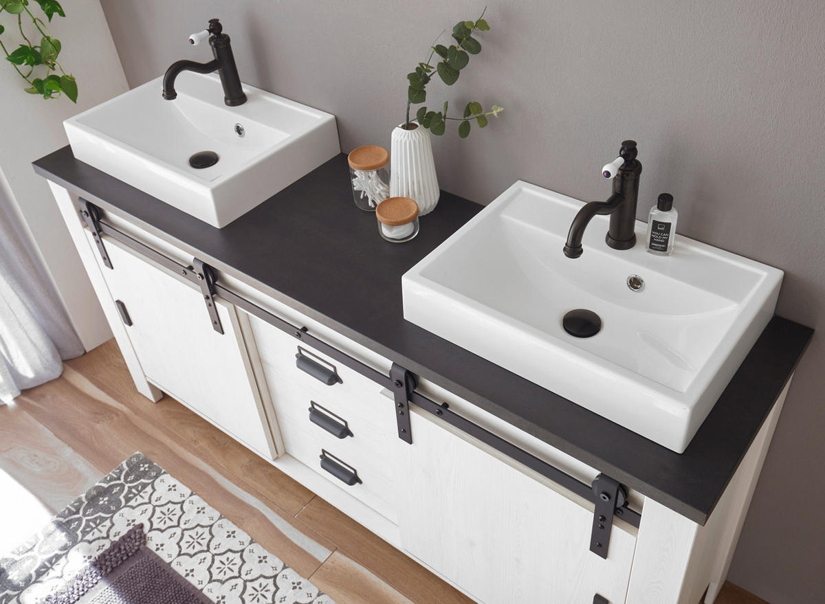DOPPELWASCHTISCH weiß Pinie, anthrazit Landhaus, Waschtisch- Set inkl. 2 x Waschbecken - Anthrazit/Weiß, Holzwerkstoff/Metall (164/81/43cm) - Furn.Design