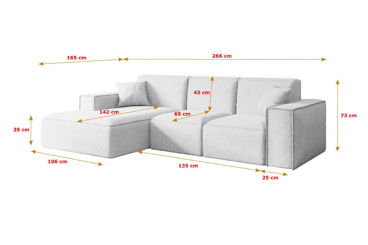 ECKSOFA Ottomane Links SERRA-L - 266x165x73 cm Weiß Bouclé - Schwarz/Weiß, Holzwerkstoff/Kunststoff (165/266cm) - ALTDECOR
