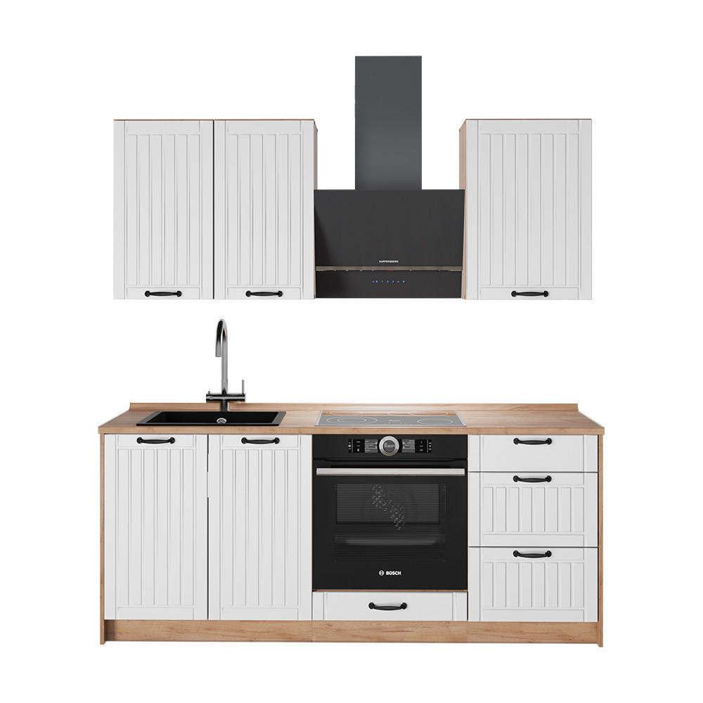 SINGLEKÜCHE Fame-Line, Weiß Landhaus/Goldkraft Eiche, 190 cm, AP Eiche - Honigeiche/Weiß, Holzwerkstoff (190/82/60cm) - Vicco