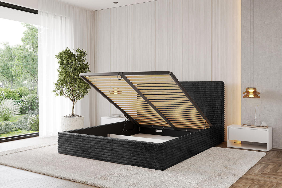 POLSTERBETT mit Bettkasten und Lattenrost, Bett mit Matratze H3/H4 - ALOVA - Schwarz, Holzwerkstoff/Textil (160/200cm) - ALTDECOR