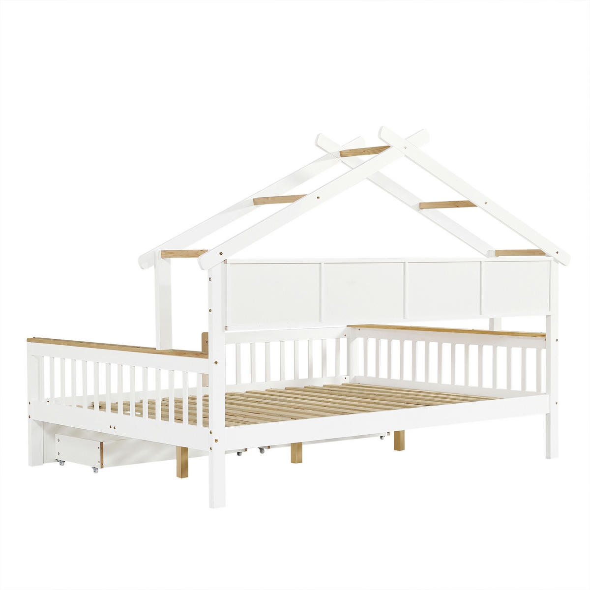 KINDERETAGENBETT 90x200 cm, mit Dach, Fenster, Schutzgeländer & 4-stufiger Leiter, Kiefernholz, weiß/grün - Weiß, Holz (140/200cm)