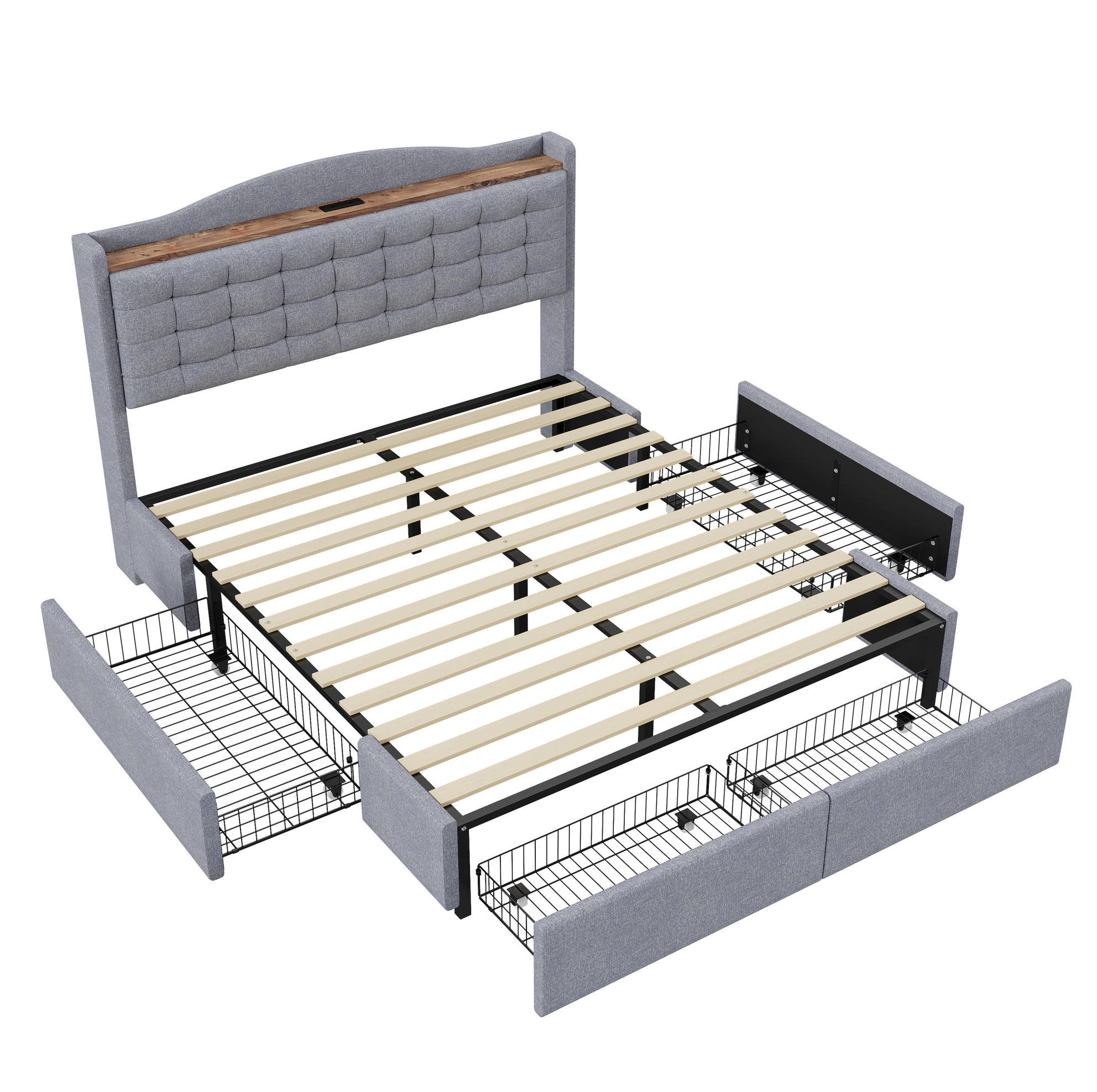 POLSTERBETT 140/200 cm grau mit Nachttisch und USB-Ladeanschluss - Grau, Textil (140/200cm) - OKWISH