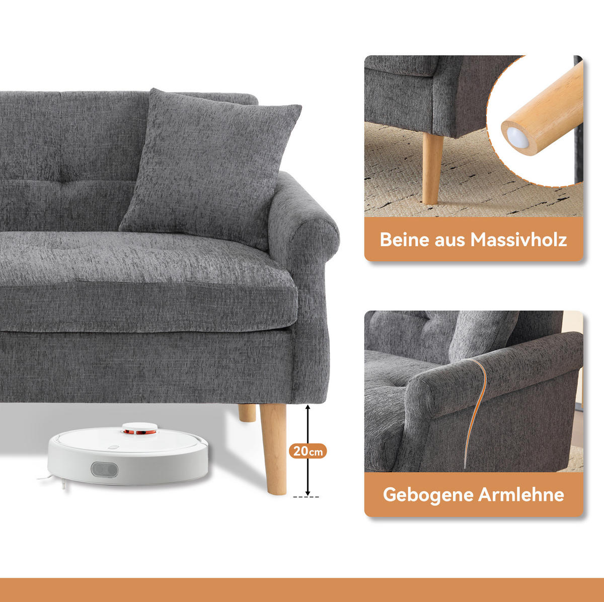 SOFA od ženilje, 162/74/77 cm siva, dvosjed s jastucima - siva, tekstil (77/162/74cm) - BEAOK