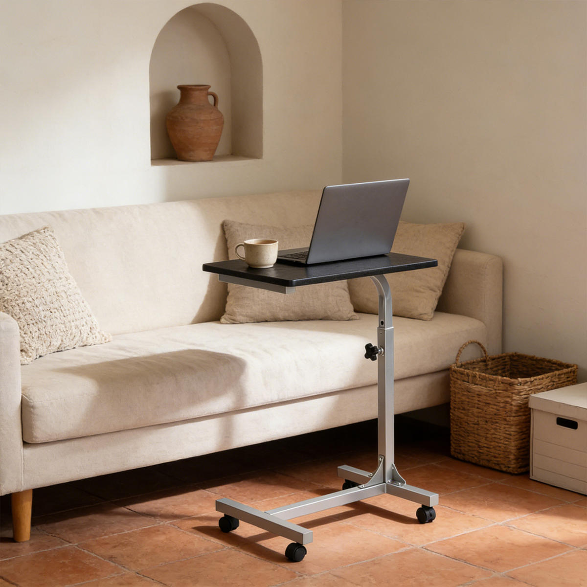 LAPTOP-BEISTELLTISCH, höhenverstellbar, mit 4 Rollen, für Bett und Sofa, Silber - Schwarz, Holzwerkstoff/Metall (48/37/79cm) - Meubles Cosy