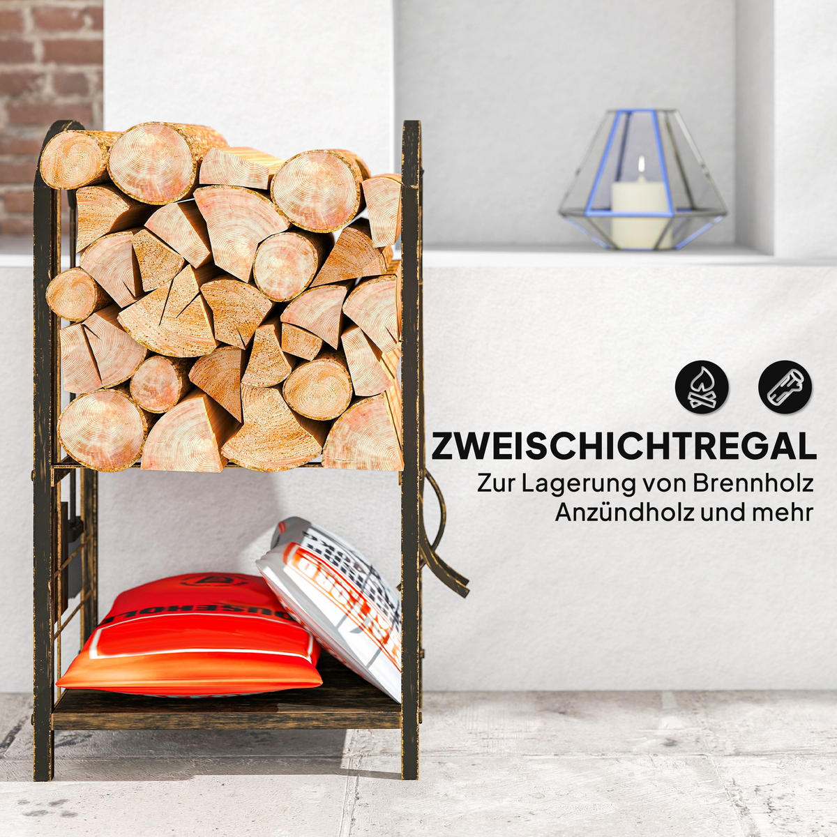 KAMINHOLZREGAL für innen 43 x 30 x 74cm 2 Ebenen Brennholzregal mit 4 Haken - Dunkelbraun, Metall (30/74/43cm) - Outsunny