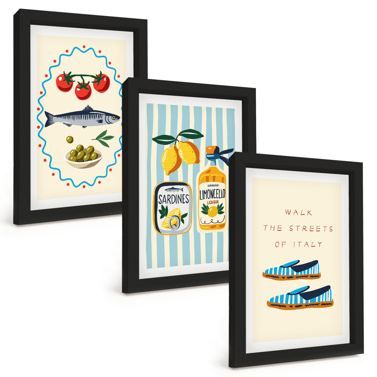 BILDER SET 3er Set - 20x30 cm Schwarzer Rahmen - Italienische Aromen und Lifestyle-Bilder - Schwarz, Kunststoff (20/30cm) - TULUP
