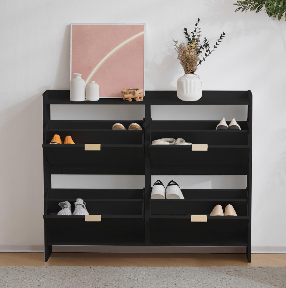 SCHUHSCHRANK 110/90/24 cm Schwarz aus Spanplatte mit 4 Klappfächern - Schwarz, Holzwerkstoff (110/90/24cm) - OKMYHOME