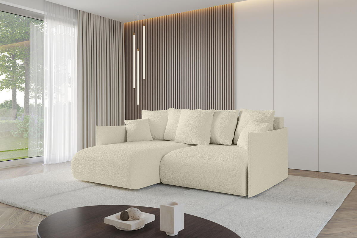 ECKSOFA mit Schlaffunktion und Bettkasten ONESK-L 208x165x40 Beige Bouclé - Beige, Holzwerkstoff/Kunststoff (208/165cm) - ALTDECOR