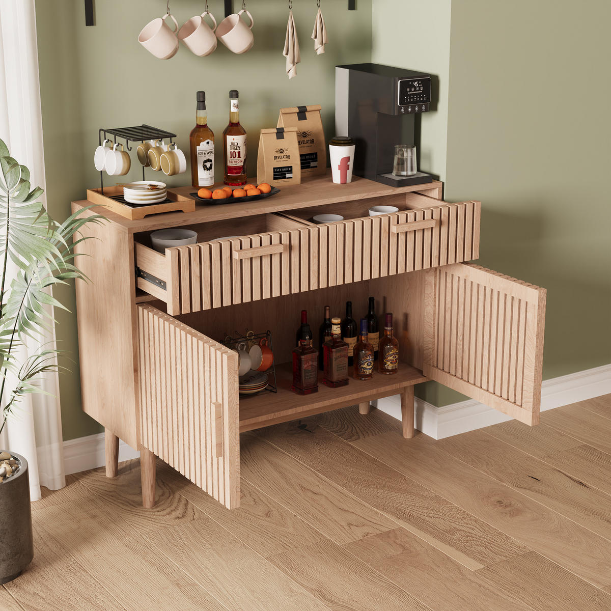 SIDEBOARD 100x35x80 cm 2 Schubladen 2 Türen Holz natur - Naturfarben, Holz (100/80/35cm) - Fortuna Lai