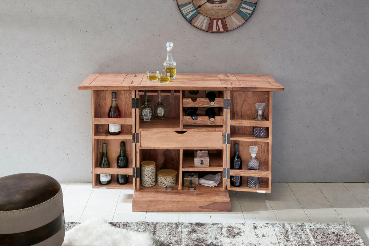 BARSCHRANK aus Massivholz mit Türen und integrierter Weinaufbewahrung SAAR, Beige 65x50x91 cm - Beige, Akazienholz/Holz (65/91/50cm) - KADIMA DESIGN