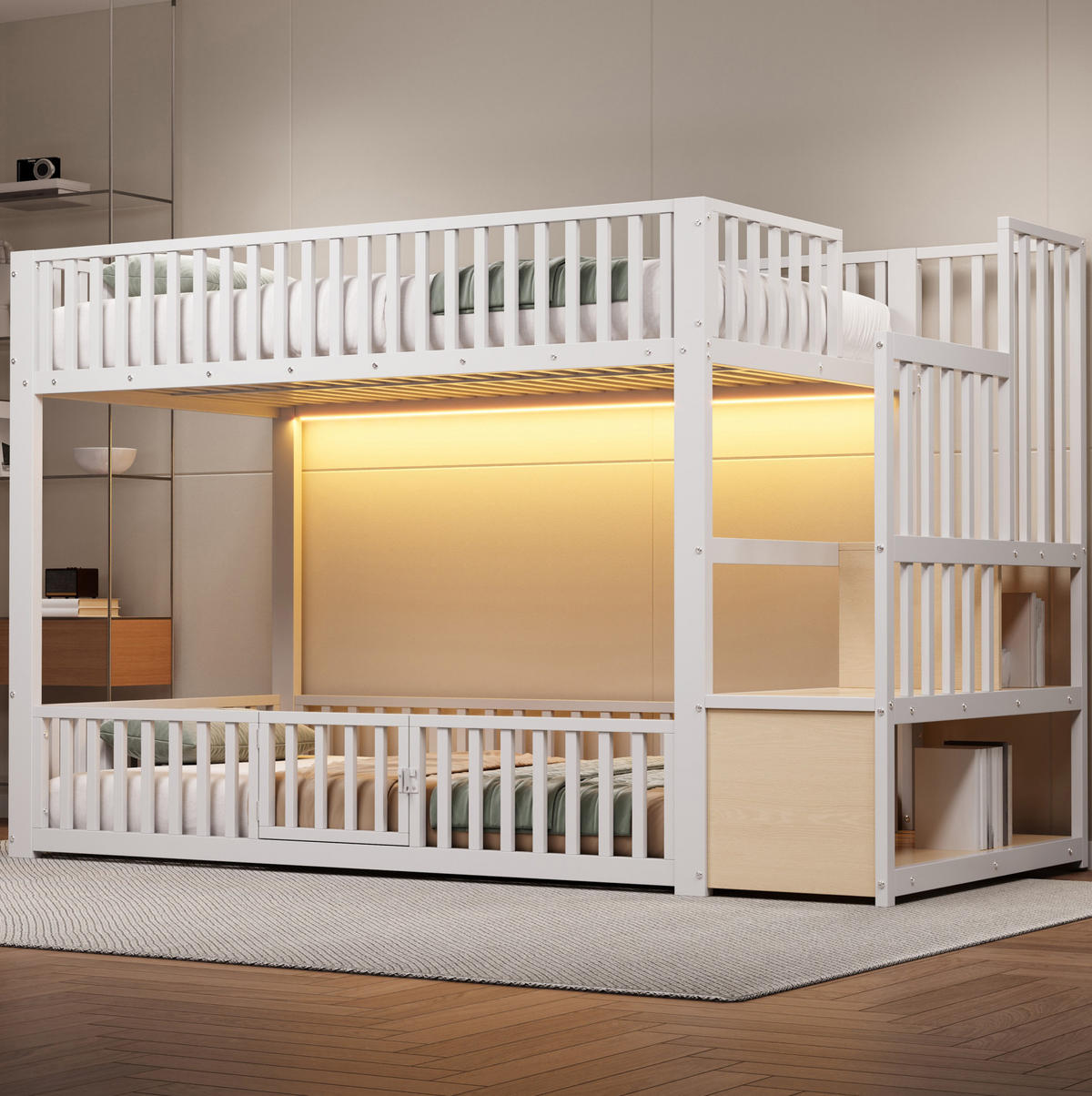ETAGENBETT 90/200 cm mit LED, Stauraumleiter und Schutzgitter, MDF und Metall, Weiß - Weiß, Holzwerkstoff (90/200cm) - Redom
