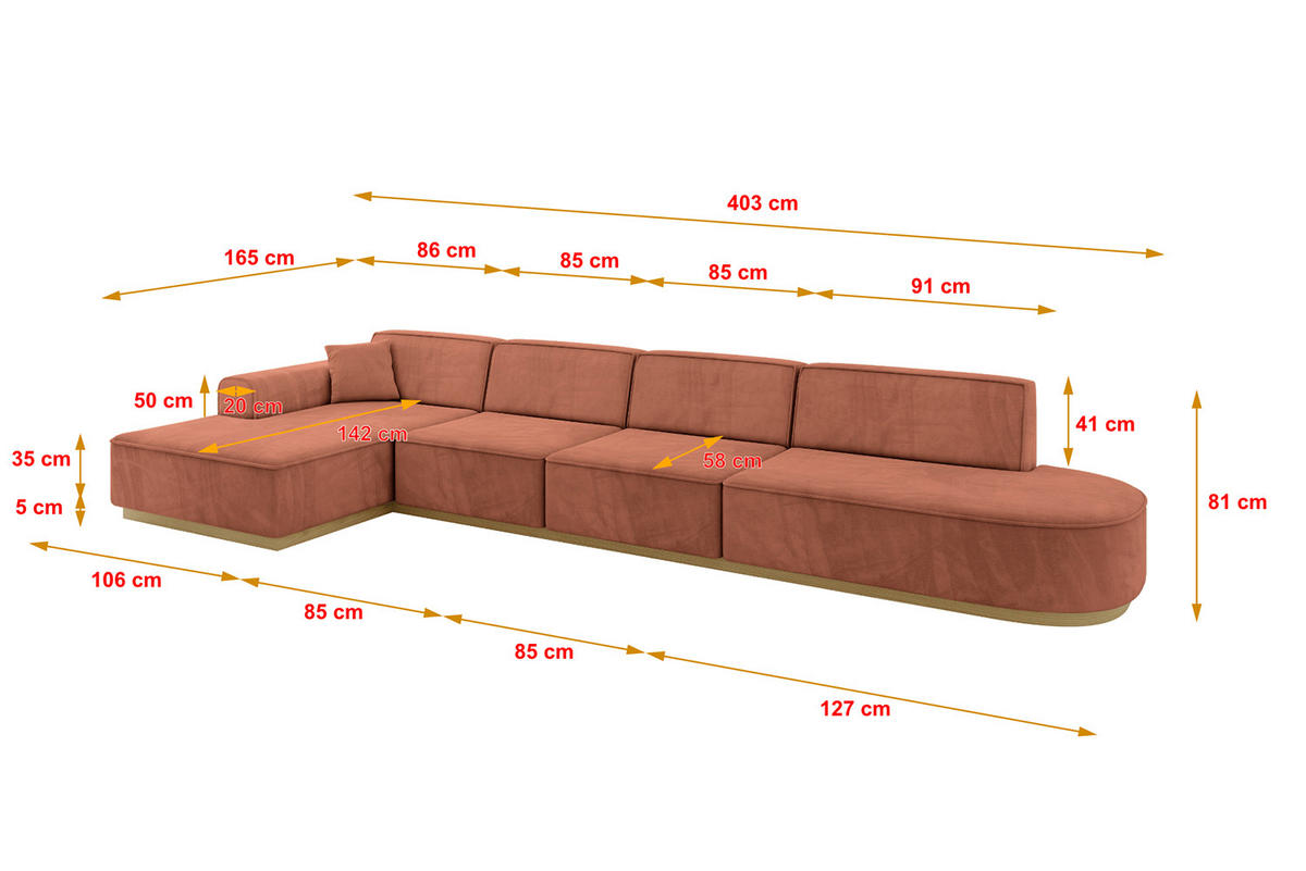 ECKSOFA Ottomane Links IREA-L3-v2 - 403x165x81 cm Apricot - Koralle, Holzwerkstoff/Textil (403/165cm) - ALTDECOR