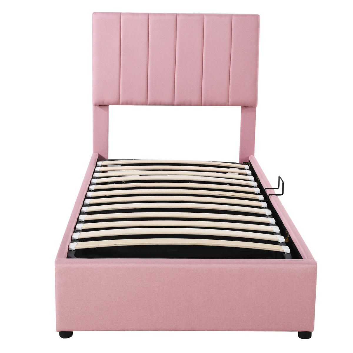 KINDEREINZELBETTEN aus Leinenstoff 90x200 cm in Rosa mit hydraulischem Stauraum - Rosa, Textil (90/200cm) - Modfu