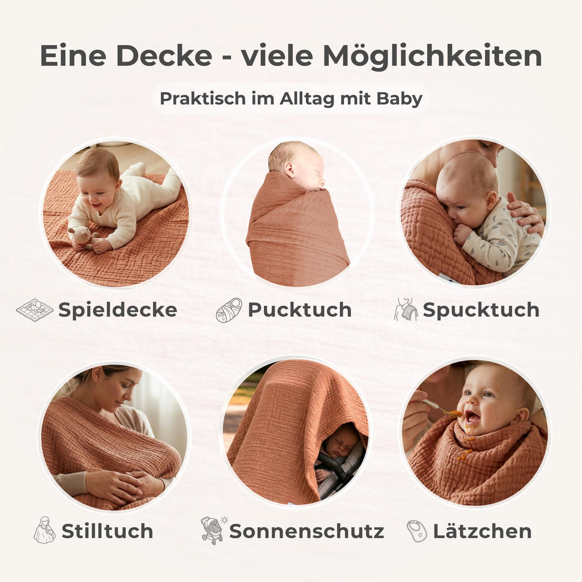 MUSSELINDECKE Babydecke Stilltuch Einschlagdecke Säuglingsdecke Mulltuch ab Geburt - Cappuccino, Textil (80/80cm) - nordic coast company