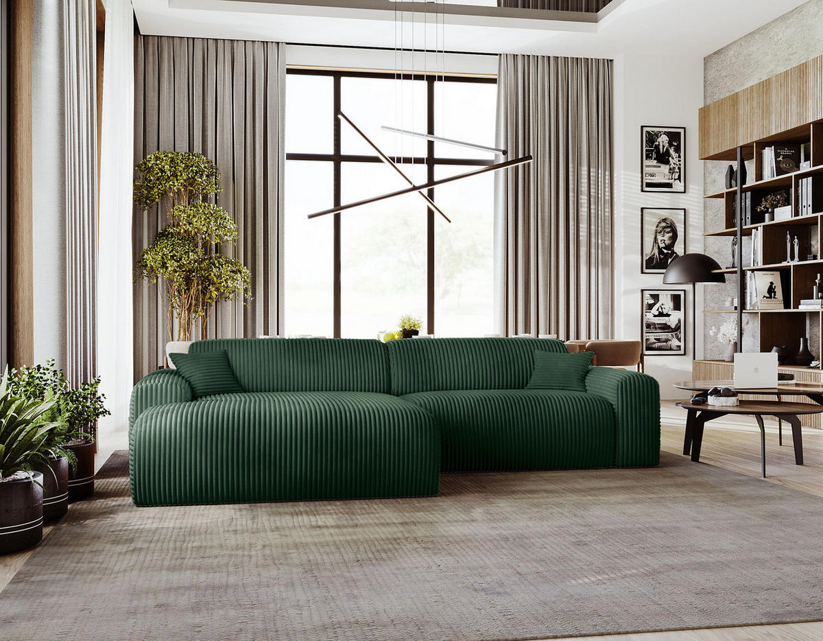 ECKSOFA mit Longchair - Cord - Schwarz/Grün, Kunststoff/Textil (284/178cm) - home24