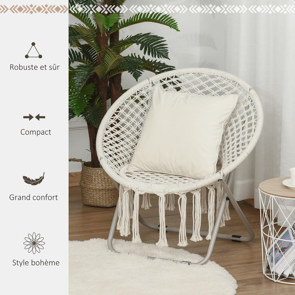 GARTENKLAPPSESSEL DE-17759 mit Makramee-Fransen Beige - Beige, Metall (64/74/77cm) - ComfortXL