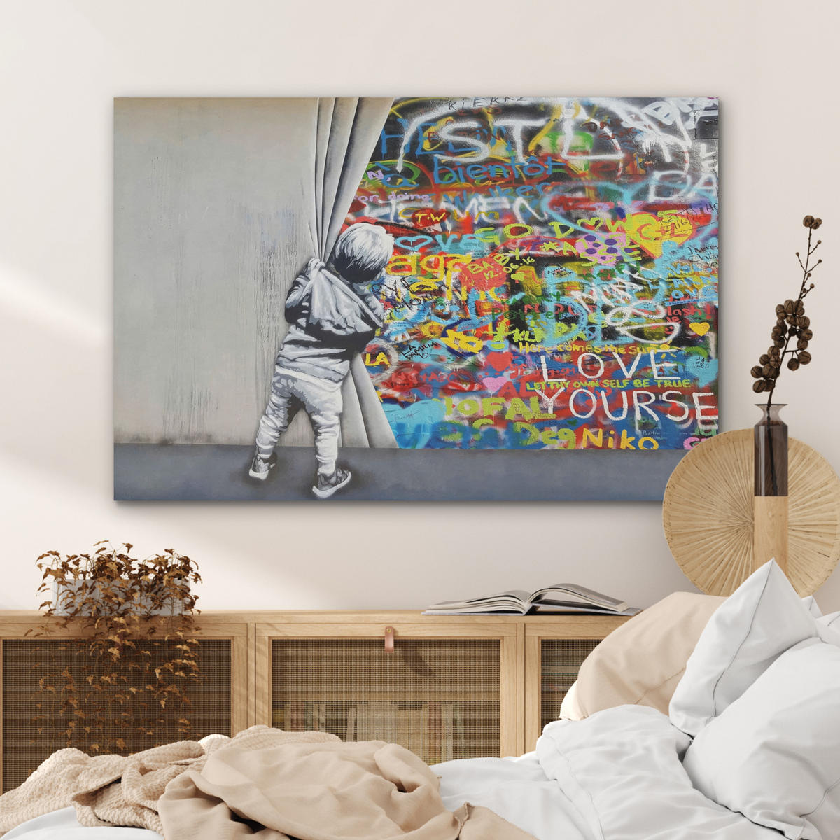 AKUSTIKBILD Graffiti - Junge - Ilussie - Straßenkunst Akustikpaneele 90x60 cm - Hellgrau, Kunststoff (90/60/0.9cm) - MuchoWow
