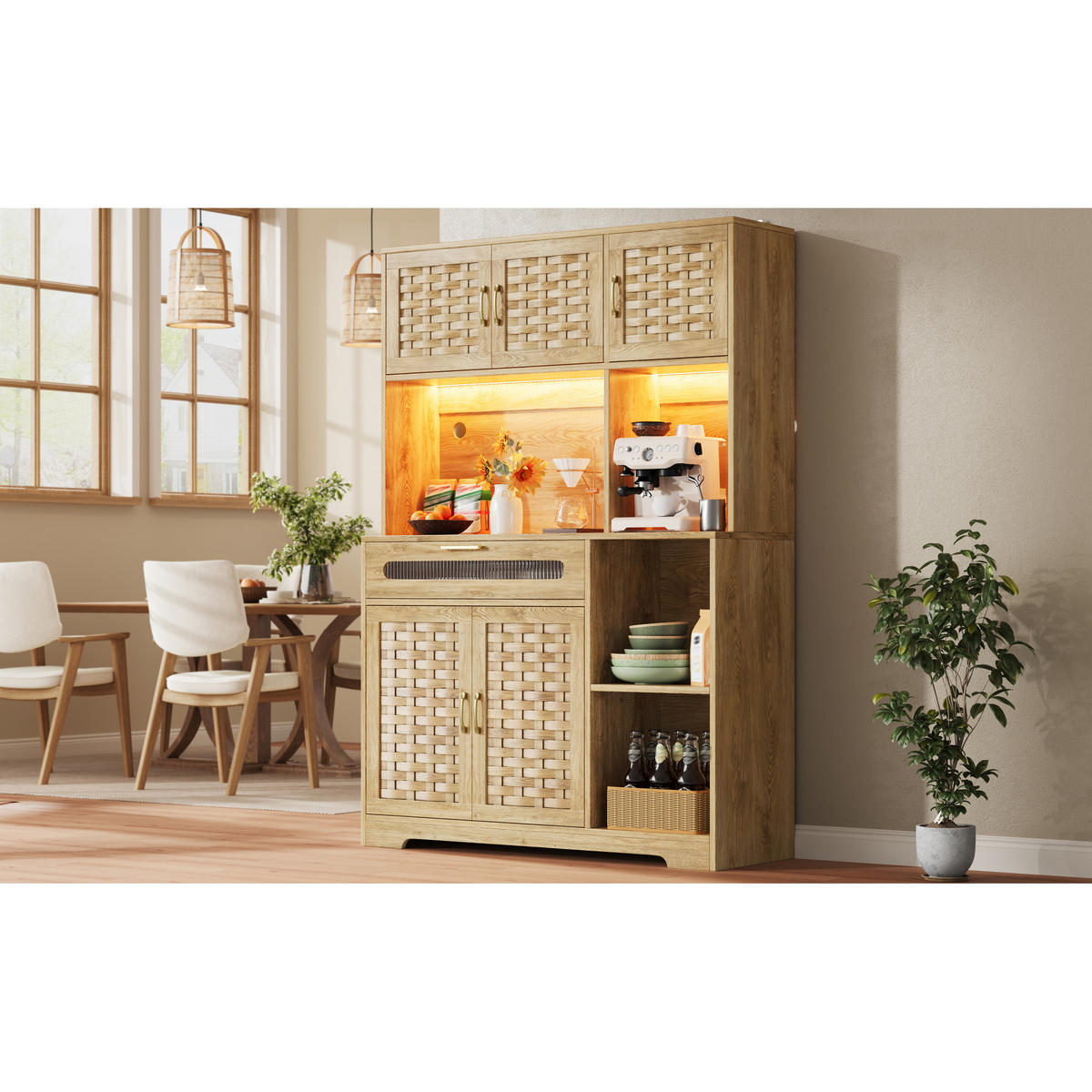 KÜCHENSCHRANK 120x40x180 cm, LED-Beleuchtung, 3 verstellbare Einlegeböden, Glastüren, Natur - Naturfarben, Holzwerkstoff (120/180/40cm) - FOHERE