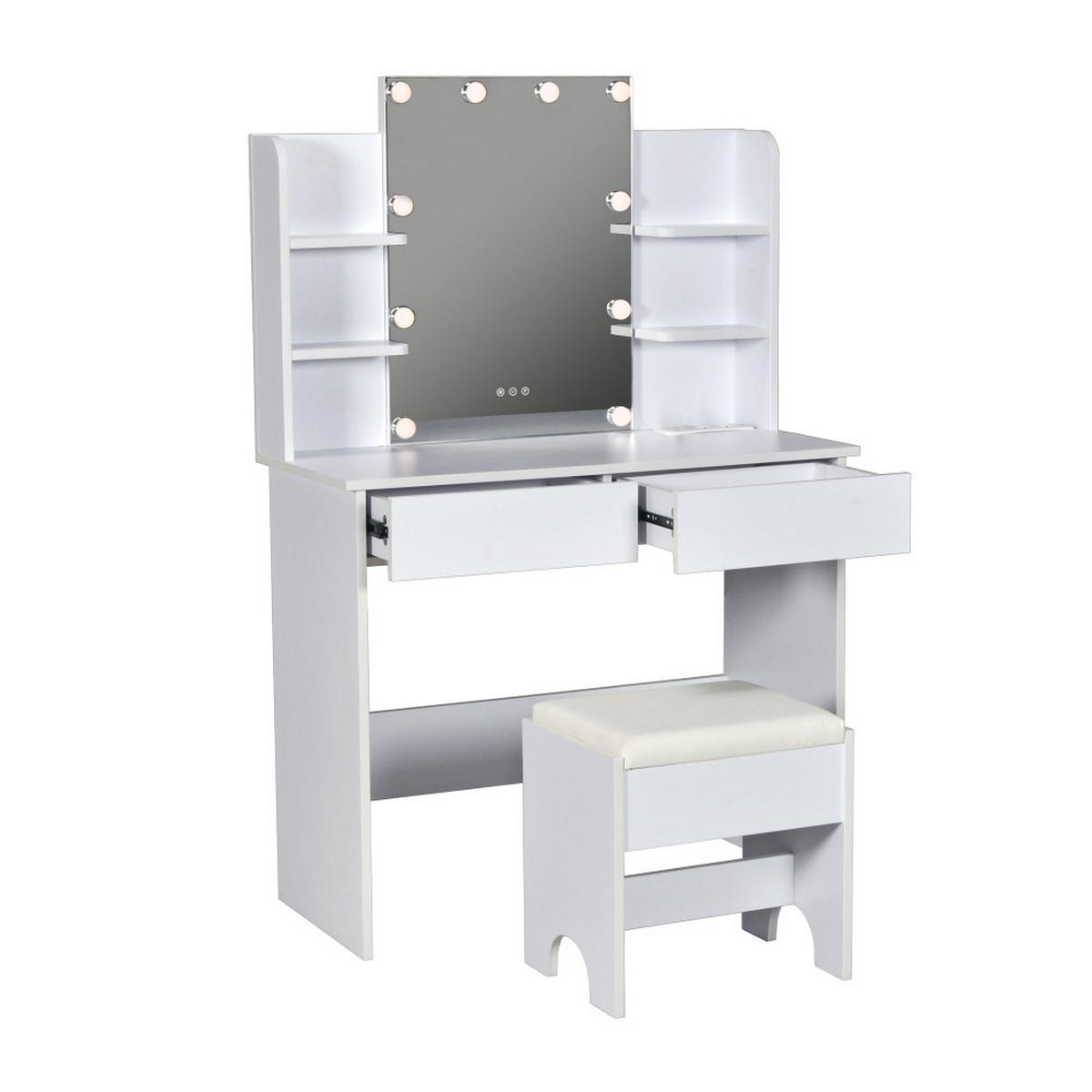 SCHMINKTISCH ALICE mit Spiegel, Beleuchtung und Hocker / Weiß - Weiß, Holzwerkstoff (90/135/40cm) - Weber Industries