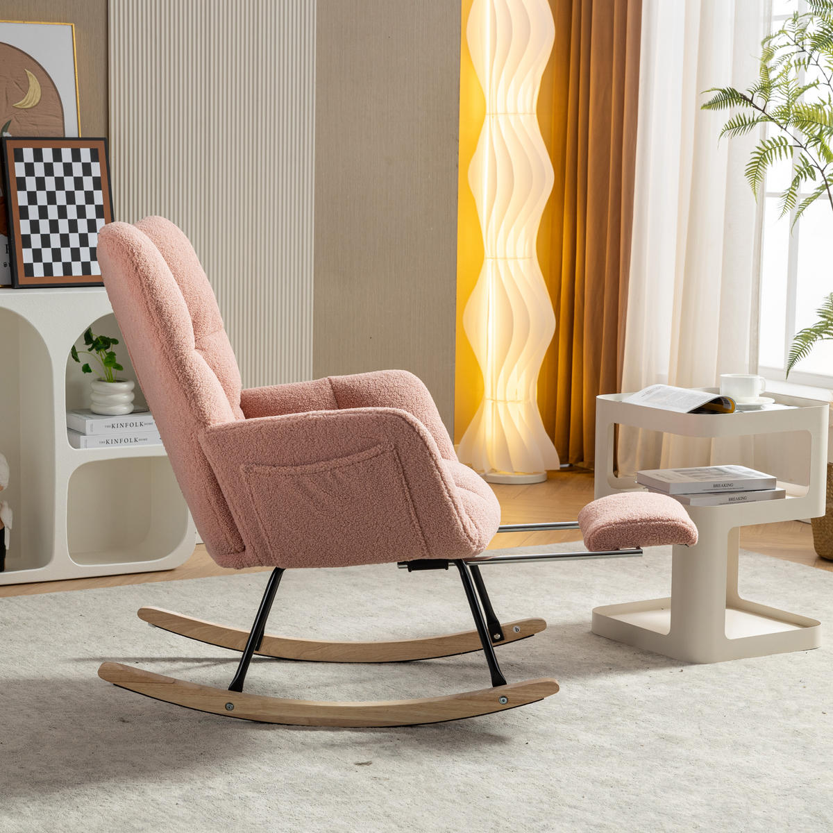 SCHAUKELSTUHL Teddy-Stoff mit klappbarer Fußablage 80/98/98.5 cm Rosa - Rosa, Textil (98/98.5/80cm) - Redom