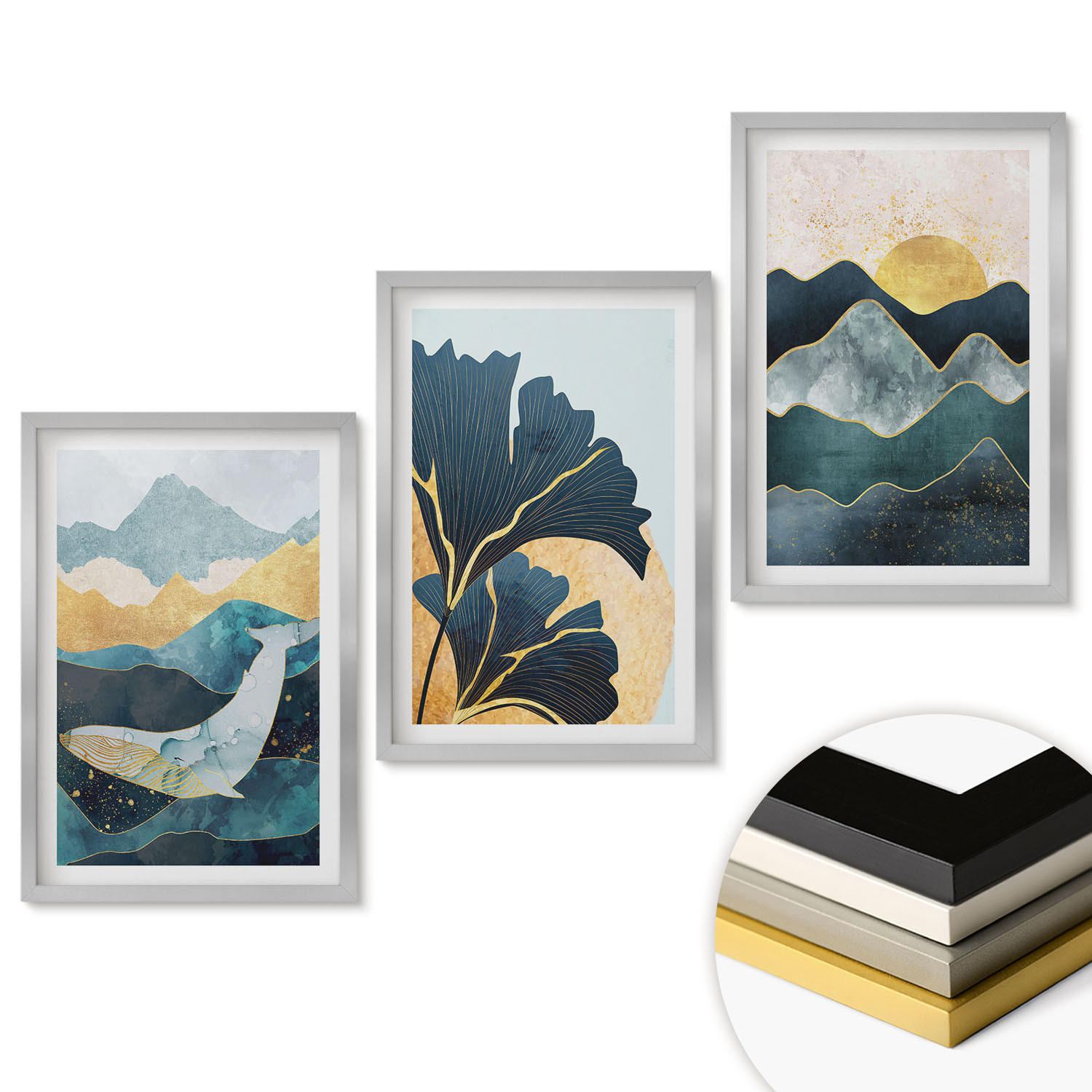 WANDBILDER 3er Set - 40x60 cm Silberner Rahmen - Abstrakte Bergansichten - Silberfarben, Kunststoff (40/60cm) - ArtPrintCave