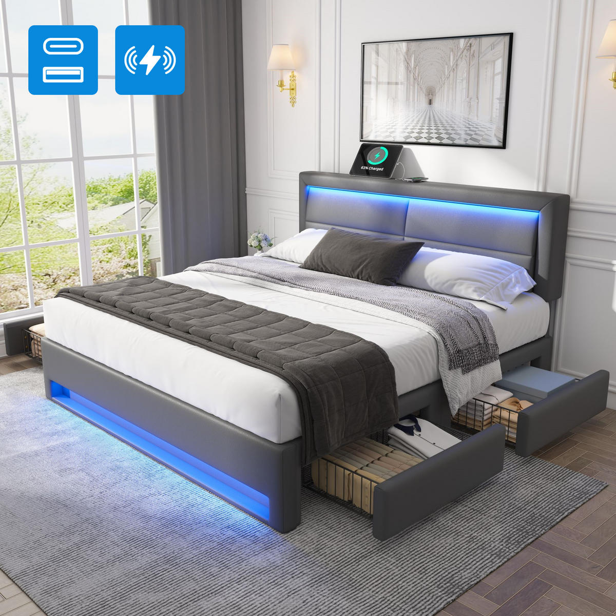POLSTERBETT Grau 140x190 LED USB 4 Schubladen Stauraum PU - Grau, Leder (140/190cm) - FLIEKS