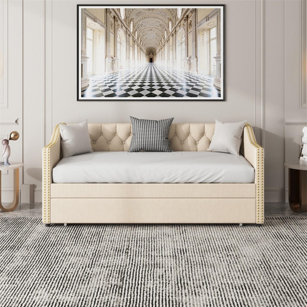 POLSTERBETT 90x200 cm mit Rückenlehne - mit Ausziehbett und Armlehnen - ohne Matratze - Beige - Beige, Textil (90/200cm) - DELFA