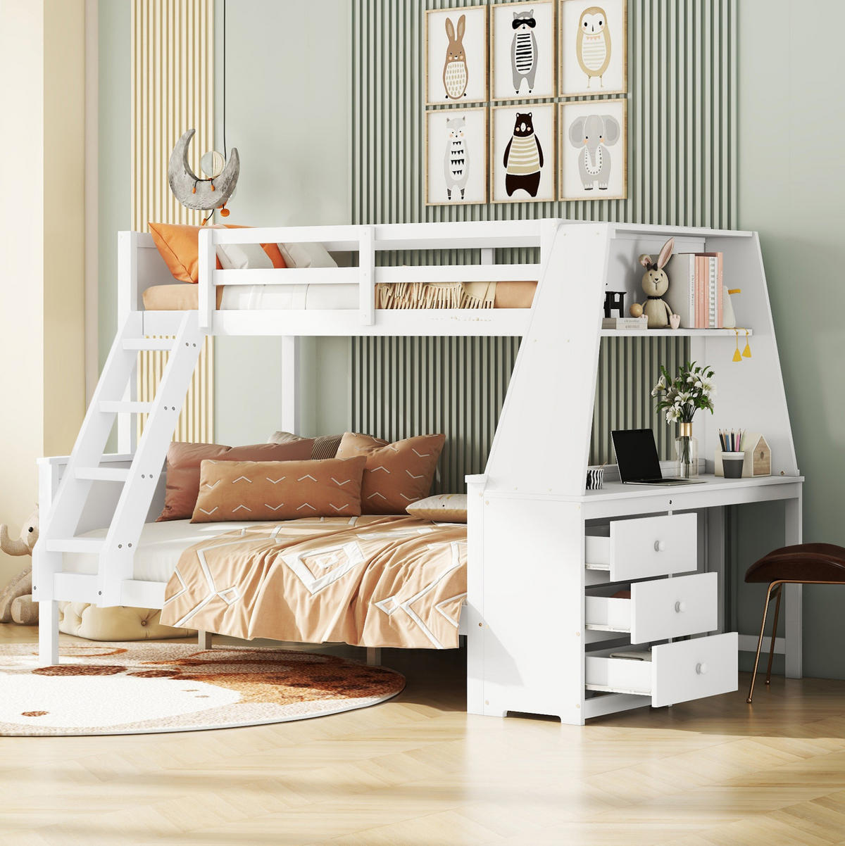 ETAGENBETT aus Kiefernmassivholz und MDF 90x200 cm + 140x200 cm Weiß mit Schreibtisch und Schubladen - Weiß, Holzwerkstoff (90/200cm) - IVMEU