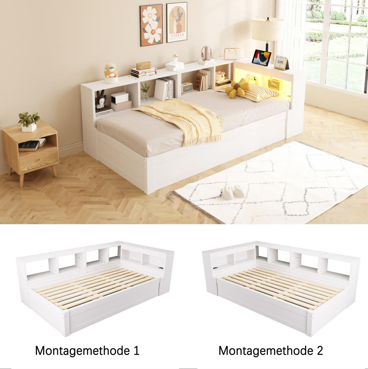 BETT 90/200 cm aus MDF mit LED, Steckdose, Weiß - Weiß, Holzwerkstoff (90/200cm) - OKMYHOME