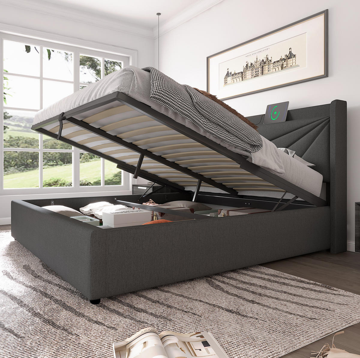 POLSTERBETT mit Bettkasten USB/Typ-C 180x200 cm Grau - Grau, Metall (180/200cm) - Meubliv