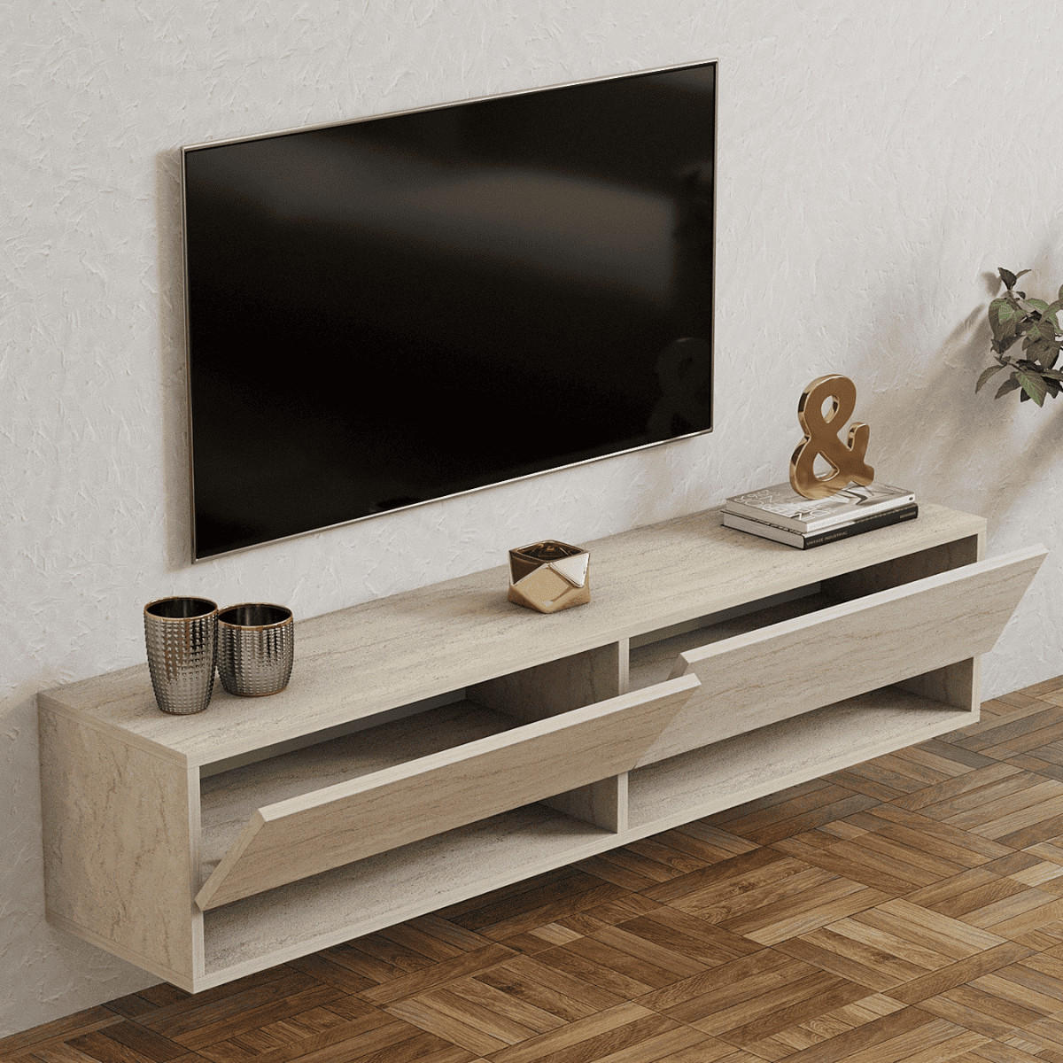 TV-MÖBEL mit 2 klapptüren travertin-dekor arges 141/30/31 cm - Beige, Holzwerkstoff (35/31/30cm) - Calicosy
