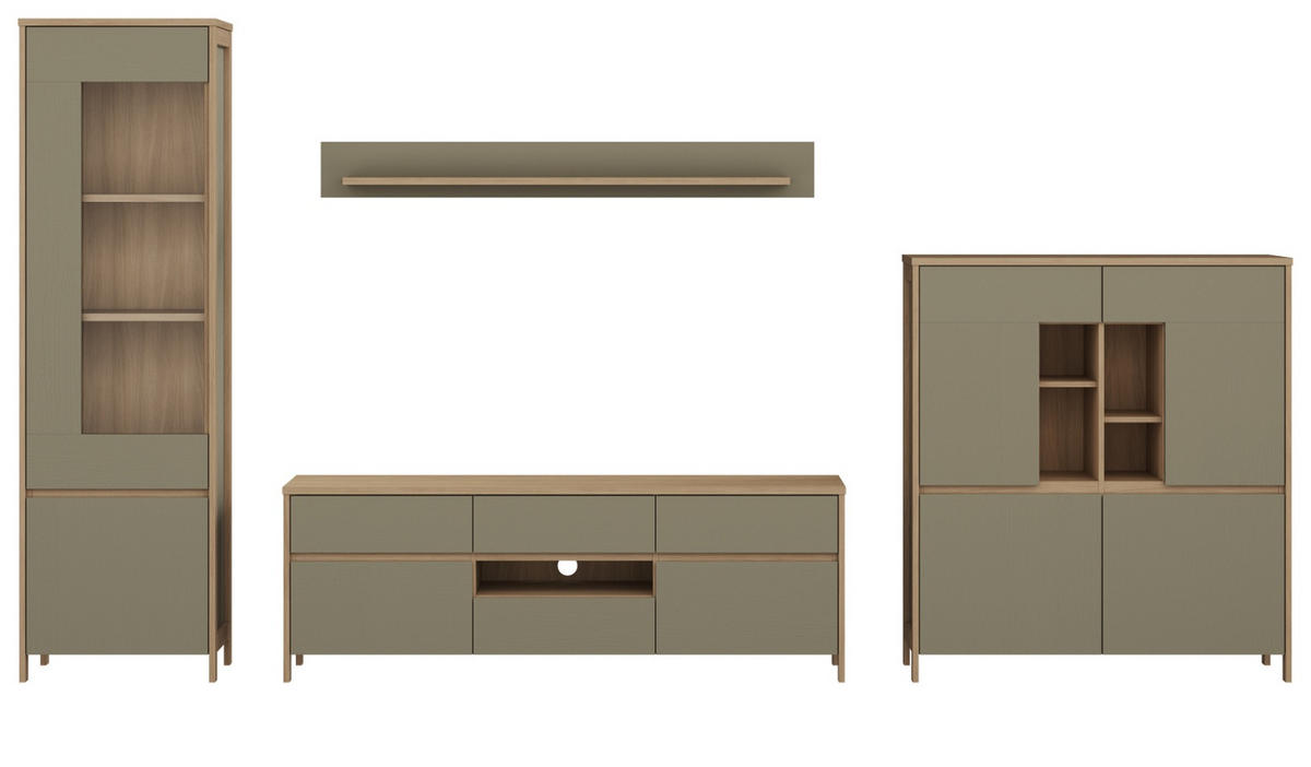 WOHNWAND Salbei grün, Eiche, Wohnkombination skandinavisch 4-teilig 360 cm, Soft-Close - Salbeigrün/Eichefarben, Holzwerkstoff/Metall (363/195/39cm) - Furn.Design