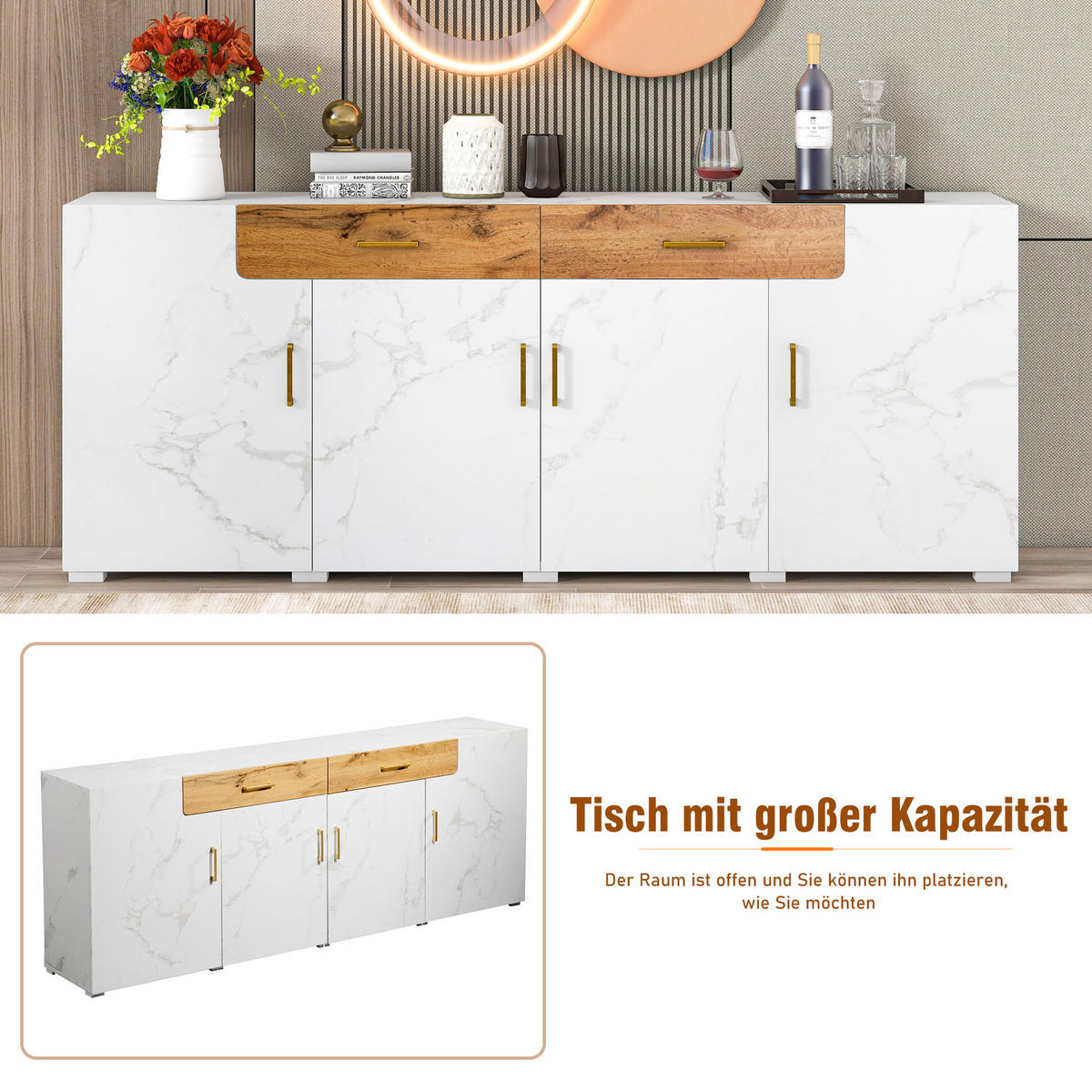 SIDEBOARD, 4 Türen, 2 Schubkästen, 208x39.5x80cm - Weiß, Holzwerkstoff (39.5/80/208cm) - FLIEKS