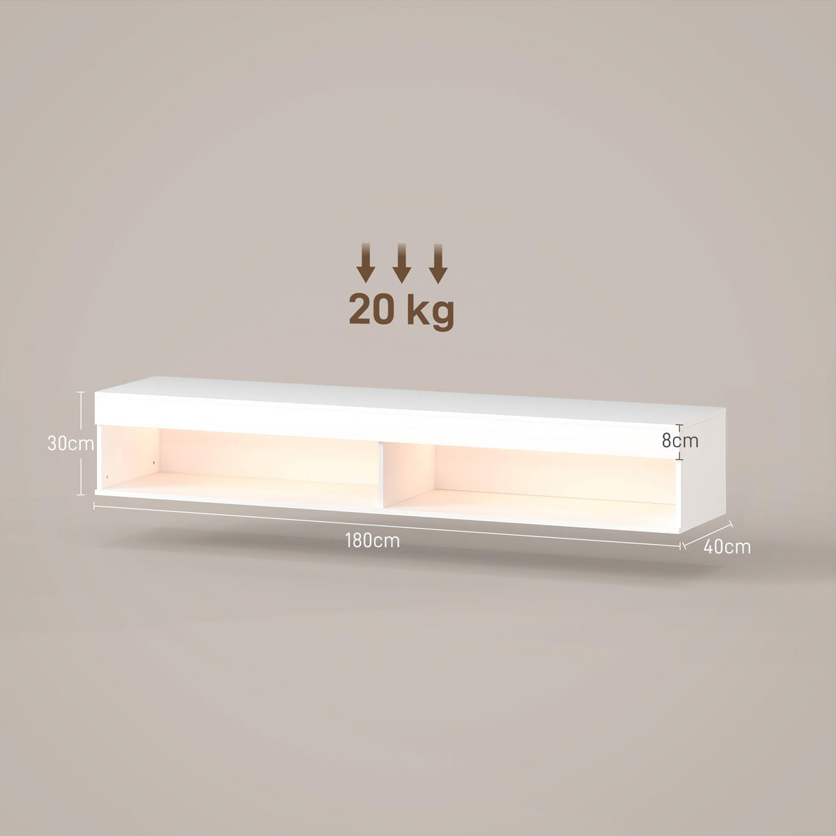 TV-LOWBOARD Weiß 180/40/30 cm, Hängend, LED-Beleuchtung, 2 Klappen - Weiß, Holz (180/30/40cm) - PANGIVO