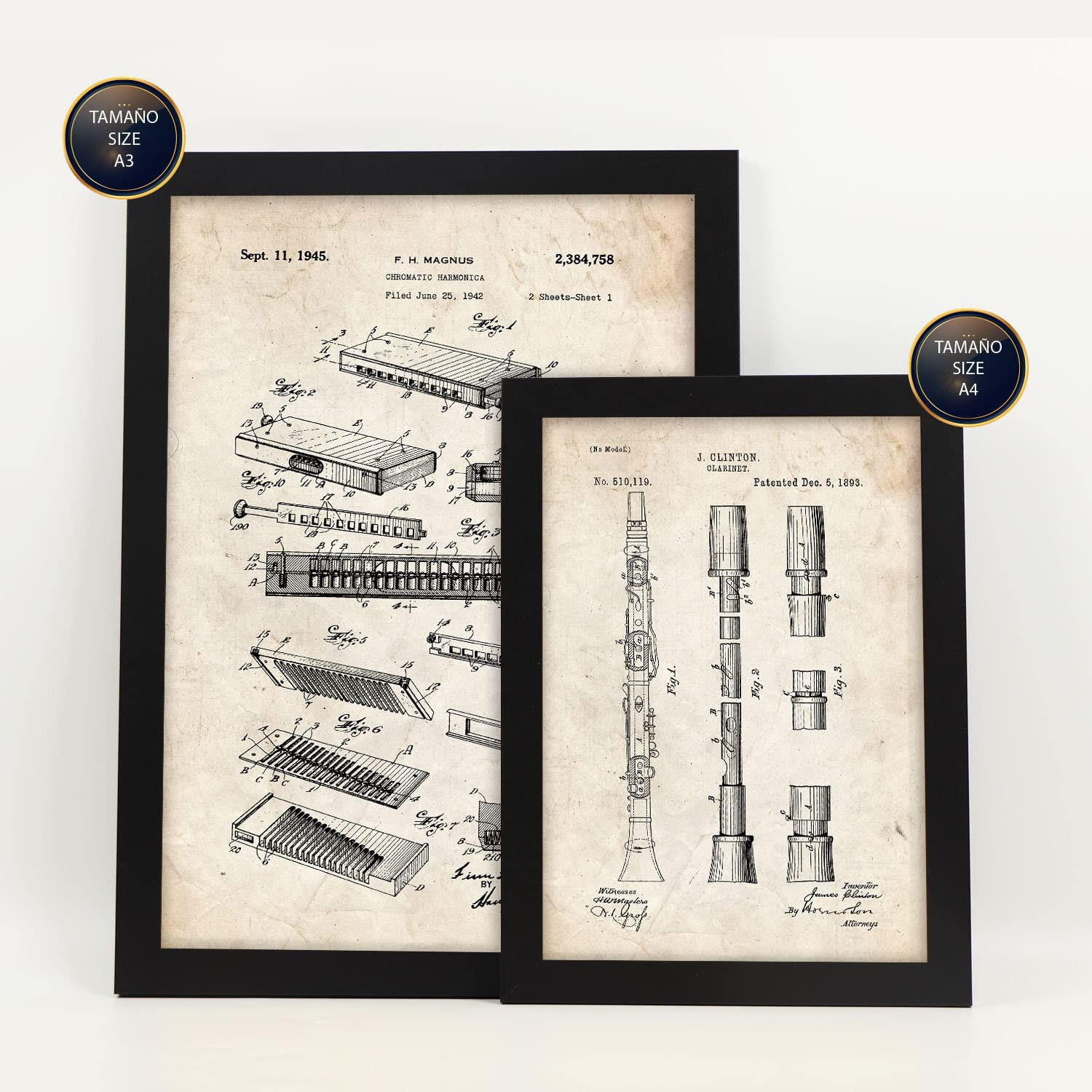 POSTER Set Mit 6 Plakaten Mit Blasinstrument Patenten Im Vintage Stil A3 & A4 Rahmenlos - Klar, Papier (29/3cm) - Nacnic