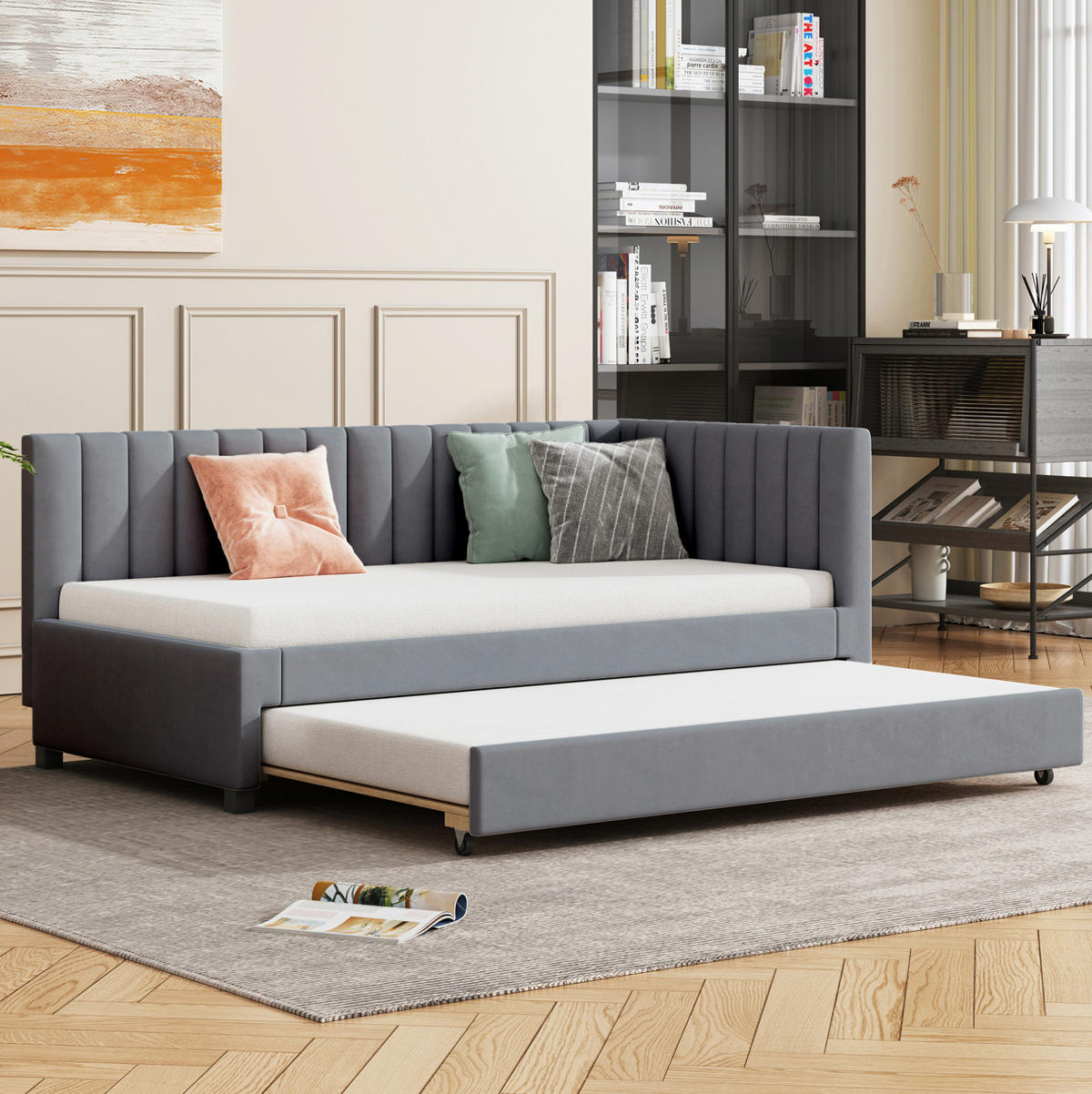 POLSTERBETT 90/200 cm aus Samt mit Ausziehbett und Lattenrost Grau - Grau, Textil (90/200cm) - Modenvie