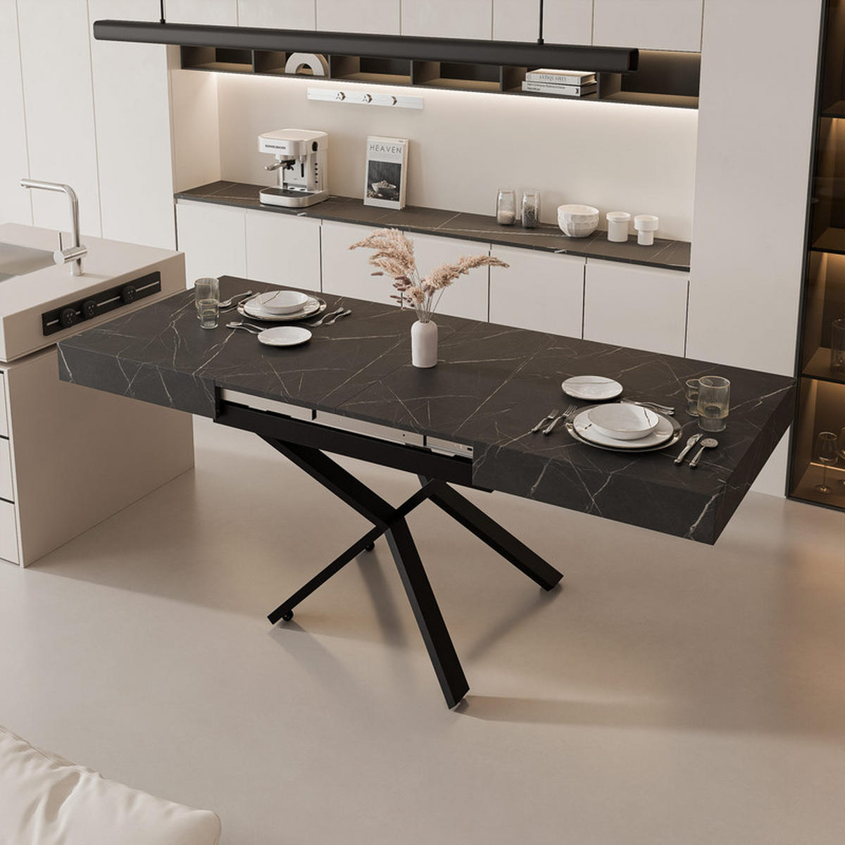 COUCHTISCH SANELLE X ausziehbar mit Liftfunktion, 120/80/76 cm Schwarz/Grigia Pietra (Steingrau) - Schwarz/Grau, Holzwerkstoff/Metall (120/80/27cm) - Idohome