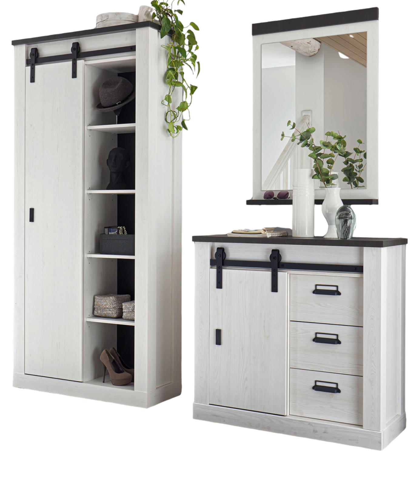 GARDEROBEN-SET 3-teilig weiß Pinie, anthrazit Landhaus, Garderobenkombination 206 x 201 cm - Anthrazit/Weiß, Holzwerkstoff/Metall (206/201/43cm) - Furn.Design