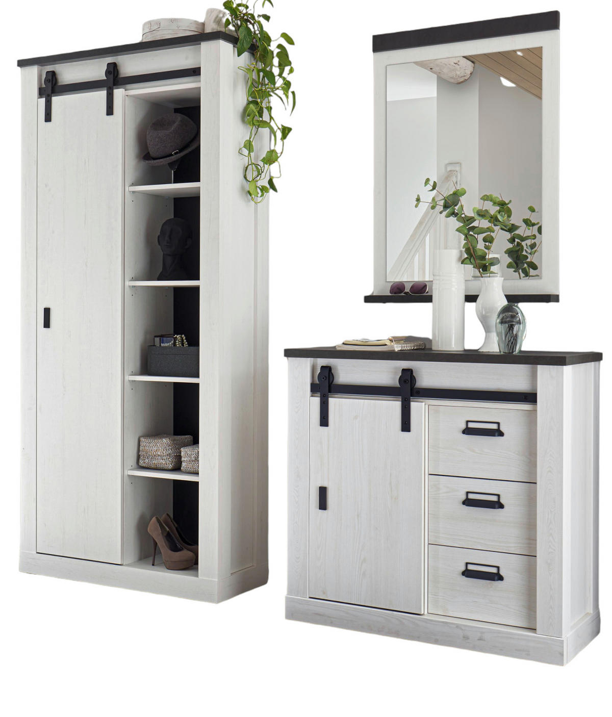 GARDEROBEN-SET 3-teilig weiß Pinie, anthrazit Landhaus, Garderobenkombination 206 x 201 cm - Anthrazit/Weiß, Holzwerkstoff/Metall (206/201/43cm) - Furn.Design