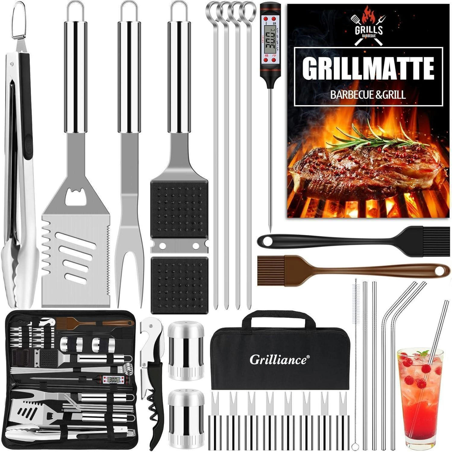 GRILLBESTECK Set 30-teilig Edelstahl mit Grillmatte und Koffer - Silberfarben, Metall (39cm)