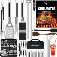 GRILLBESTECK Set 30-teilig Edelstahl mit Grillmatte und Koffer - Silberfarben, Metall (39cm)