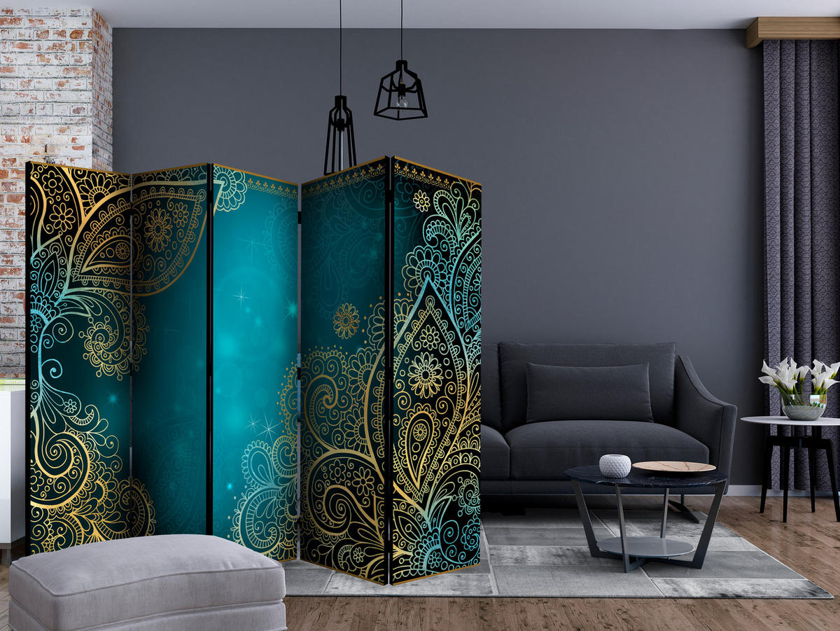 PARAVÁN Obojstranný 5-Dielny 225x172 cm Orientálne Ornamenty - modrá, drevo/textil (225/172/3cm) - Muralo