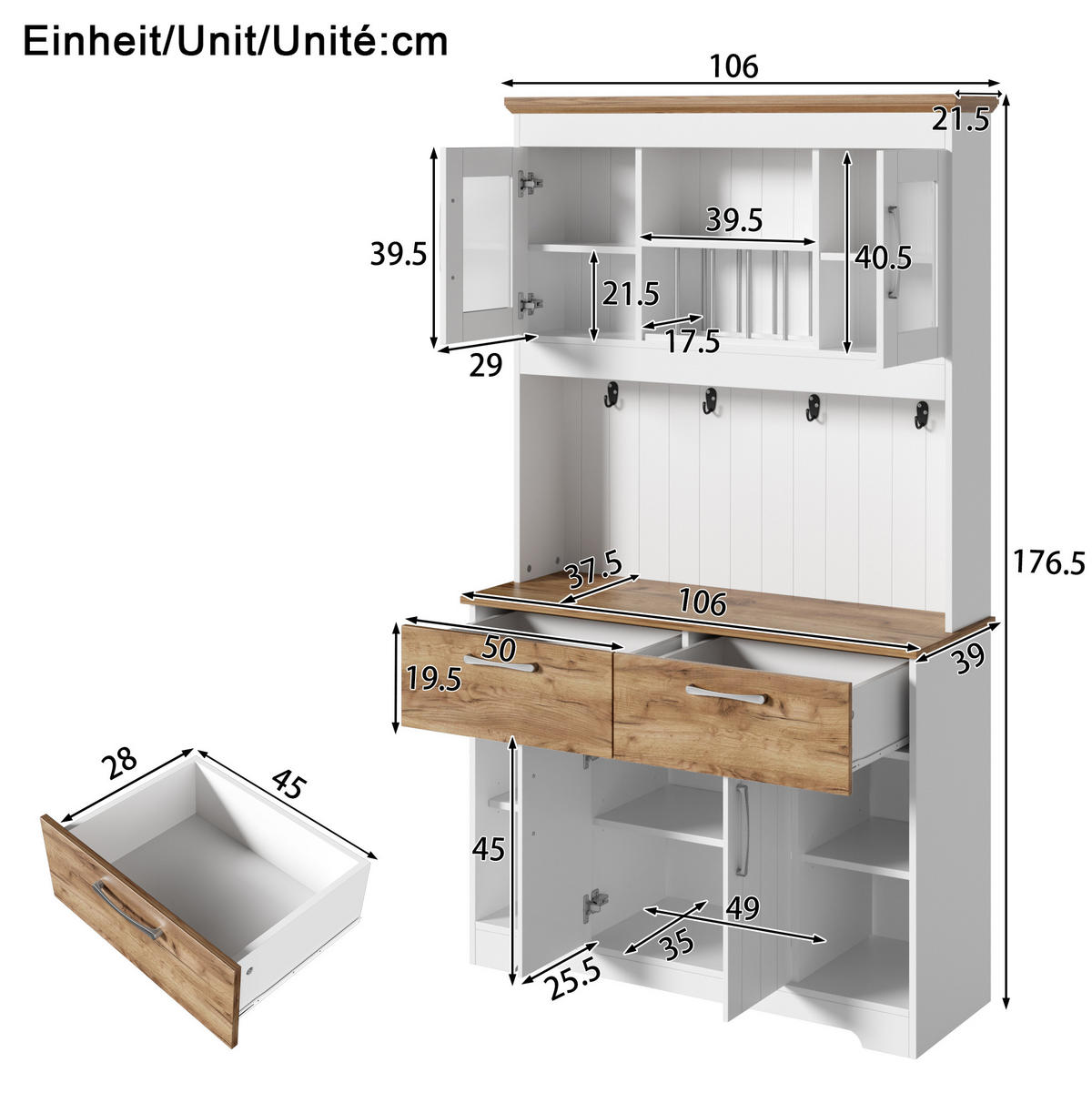 KÜCHENSCHRANK aus Spanplatte 106x39x176,5 cm Weiß/Natur mit Vitrinenfächern, 2 Schubladen und Hakenleiste - Naturfarben, Holzwerkstoff (106/176.5/39cm) - IVMEU