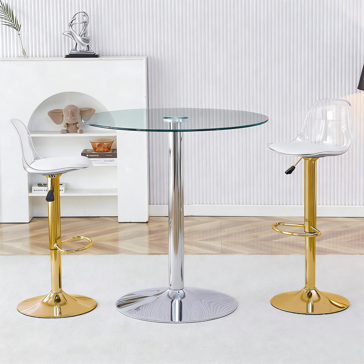 BARTISCH-SET DE-39347 3-teilig, Glastisch und 2 Hocker Gold/Silber - Silberfarben/Goldfarben, Metall (89/92/89cm) - ComfortXL