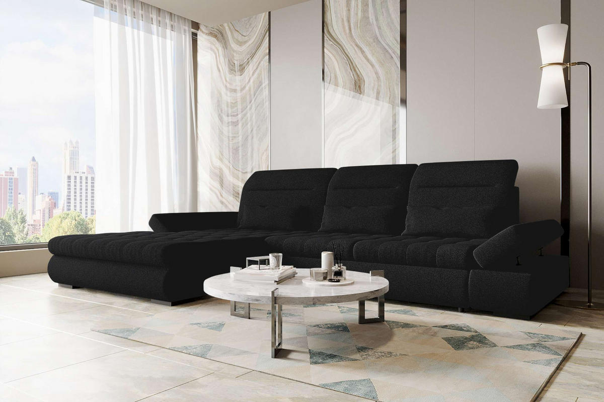 ECKSOFA Toscana Plus Strukturstoff inkl. Schlaffunktion - Schwarz, Textil (179/300cm) - 99rooms