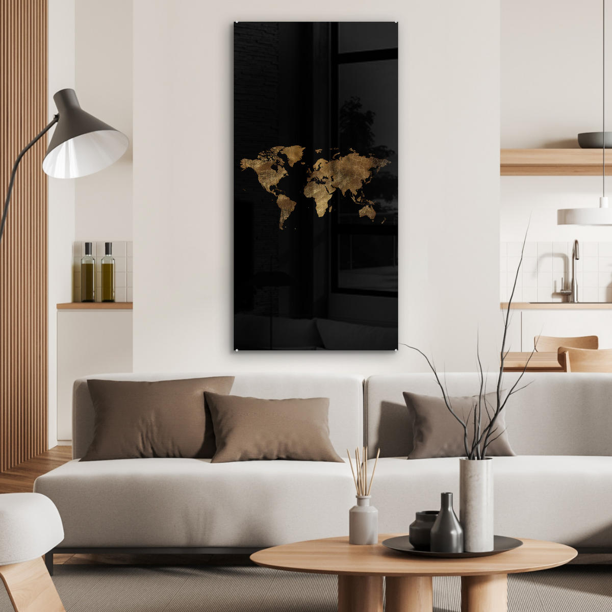 ACRYLGLASBILD Weltkarte - Gold - Luxus - Erde - Schwarz 60x120 cm - Goldfarben, Glas (60/120cm) - MuchoWow