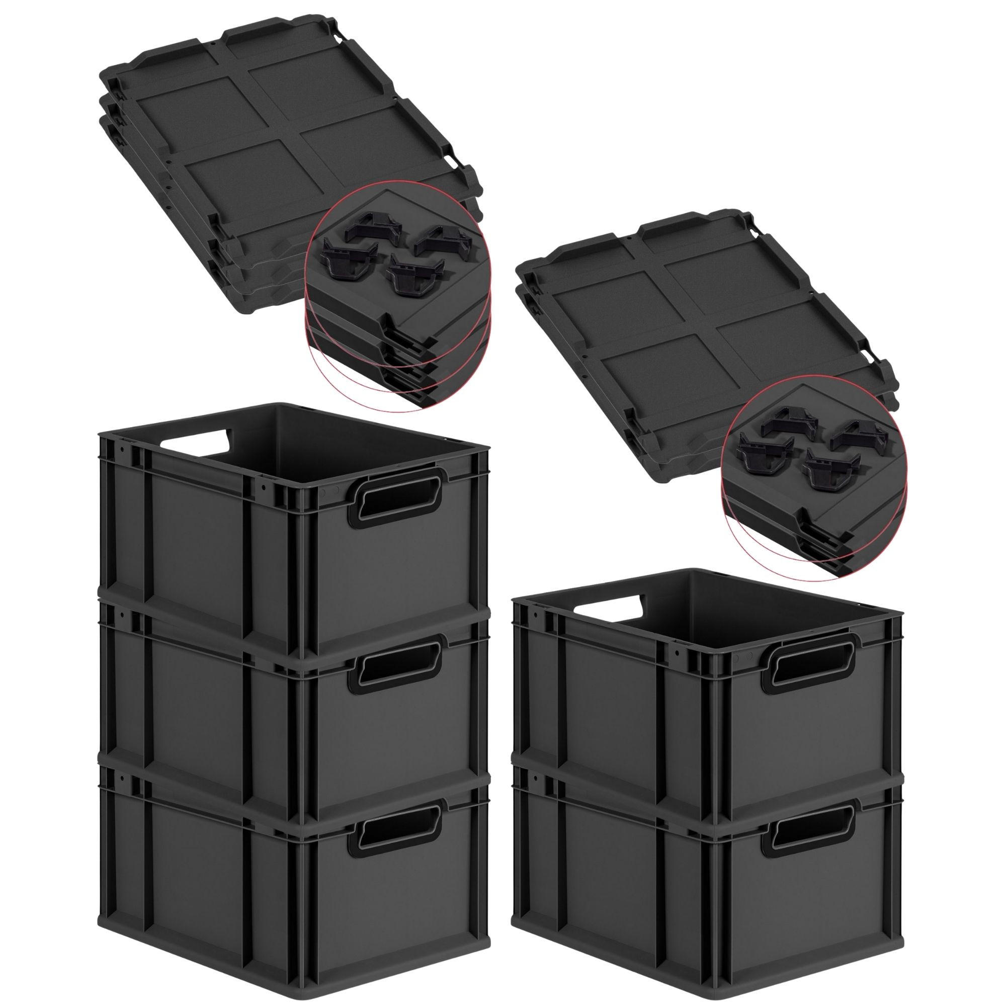 EUROBOX 5x NextGen Color mit Auflagedeckel 22x30x40 cm 20 Liter Schwarz Griffe schwarz offen - Anthrazit/Schwarz, Kunststoff (30/22/40cm) - PROREGAL