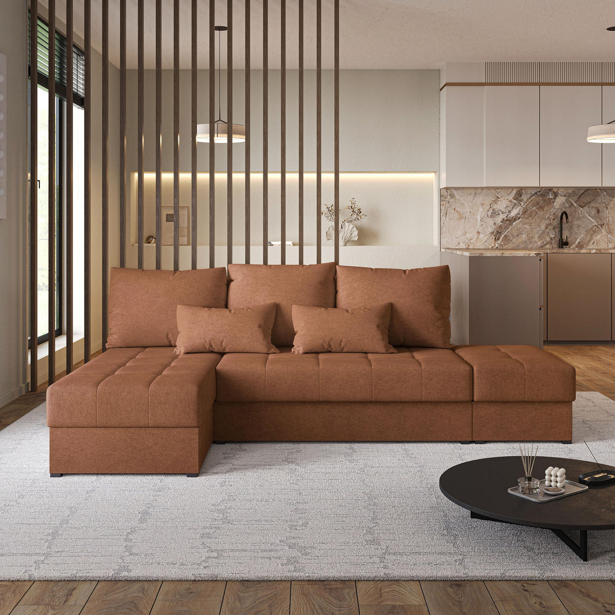 ECKSOFA NORVIupferfarben Geflochtener Stoff mit Schlaffunktion - Kupferfarben, Holz (251/143cm) - MASSENO